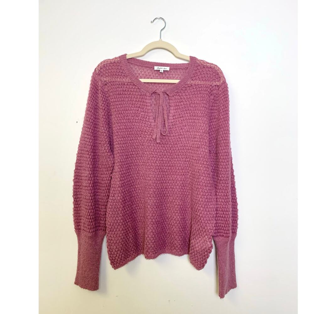 Womens Purple Knit Sweater XL Semi Sheer Long Sleeve Tie Neck Mohair Wool Blend